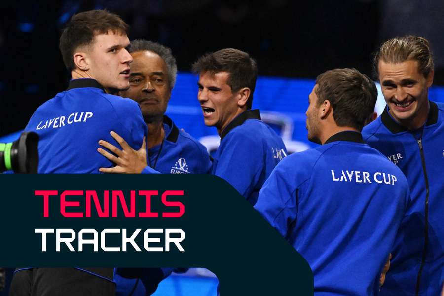 Team Europe celebrate after Carlos Alcaraz wins his singles match against Team World's Taylor Fritz Team Europe celebrate after Carlos Alcaraz wins his singles match against Team World's Taylor Fritz