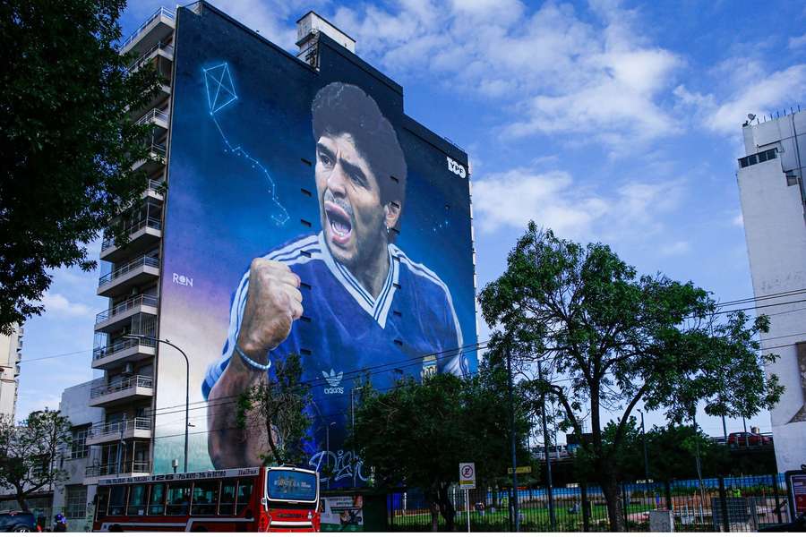view of a giant Diego Maradona mural created by artist Martin Ron