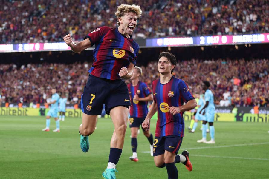 Fermin Lopez festeggia il gol del 2-0 contro l'Athletic Bilbao al Camp Nou