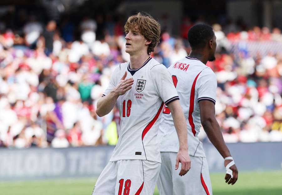 England's Anthony Gordon celebrates scoring their second goal