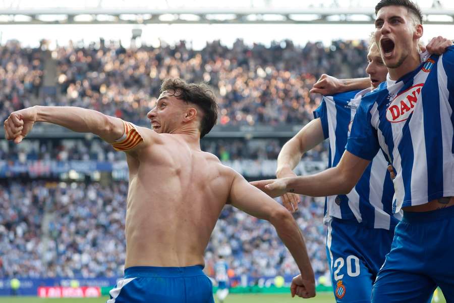 Espanyol's Javi Puado celebrates after scoring 