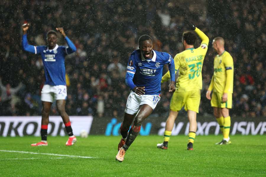 Mohammed Diomande celebrates after scoring for Rangers