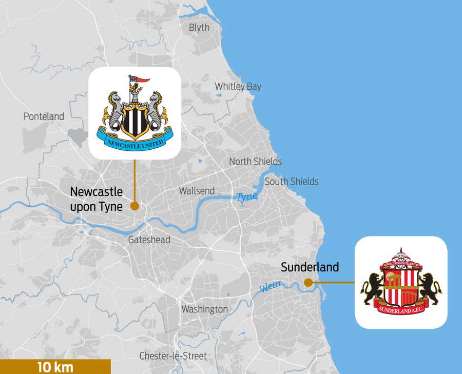 Newcastle and Sunderland's location to each other