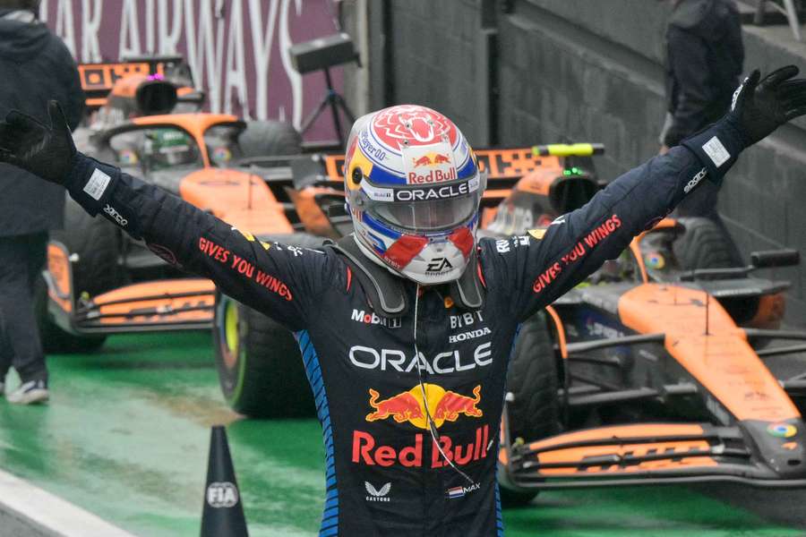 Red Bull Racing's Dutch driver Max Verstappen celebrates