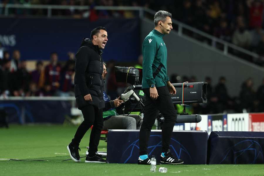Barcelona coach Xavi reacts during the Champions League quarter-final second leg against Paris Saint-Germain