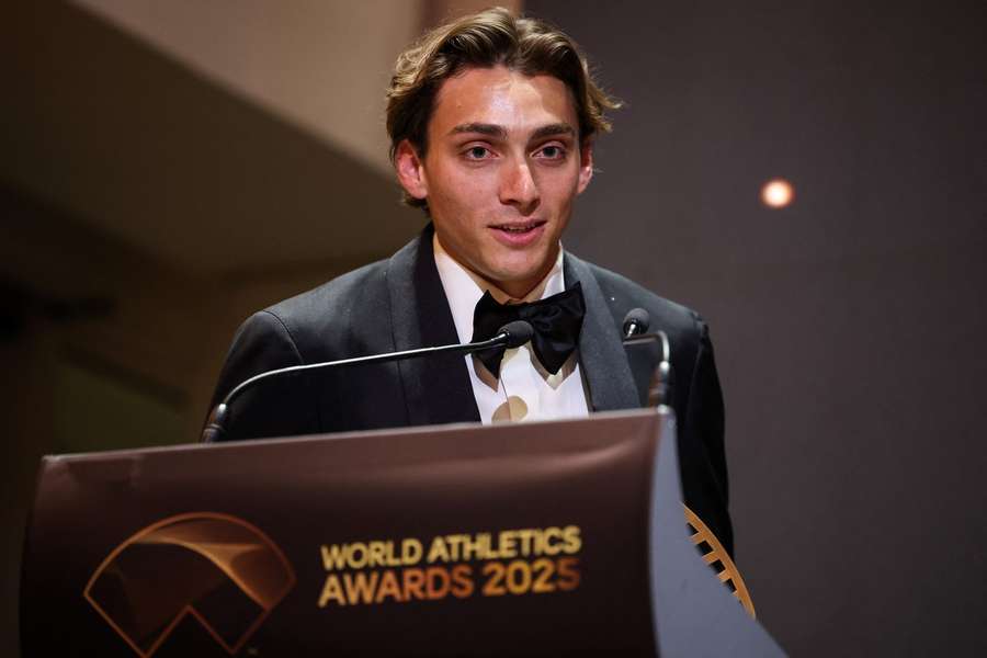 Duplantis speaking at the award ceremony in Monaco
