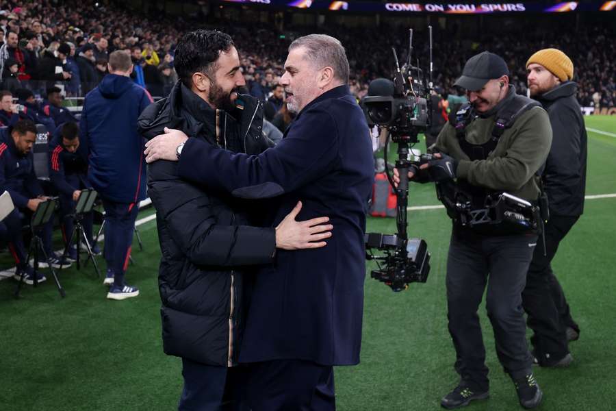 Tottenham's Ange Postecoglou greets Man United's Ruben Amorim ahead of their Carabao Cup, Quarter Final