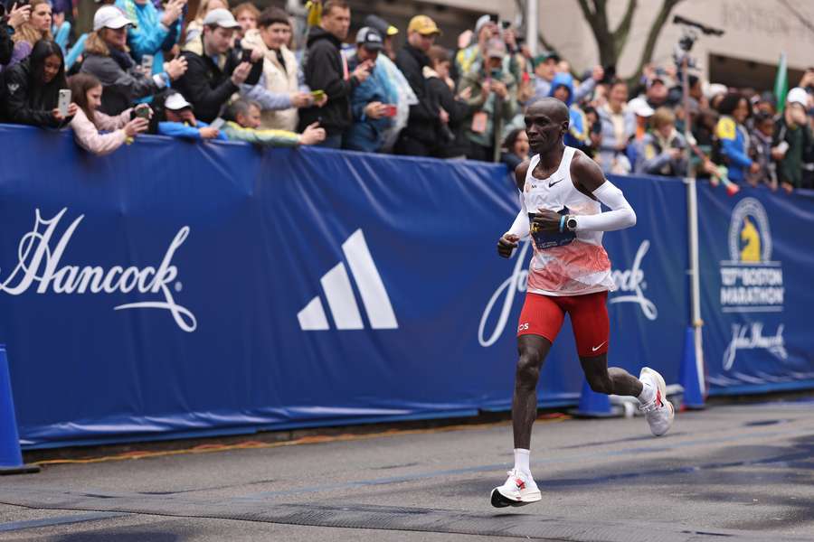 Eliud Kipchoge of Kenya runs in the Boston Marathon