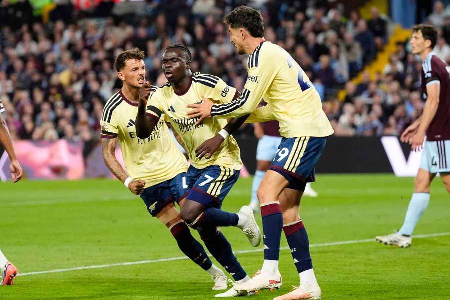 Arsenal's Bukayo Saka celebrates after scoring against Aston Villa