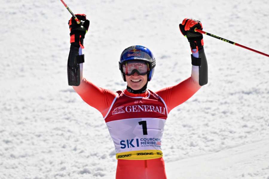 Odermatt celebrates have completing his second run at Courchevel