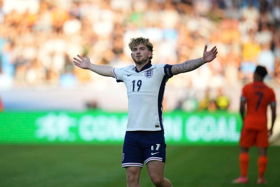 England's Harvey Elliott celebrates scoring a late goal against the Netherlands