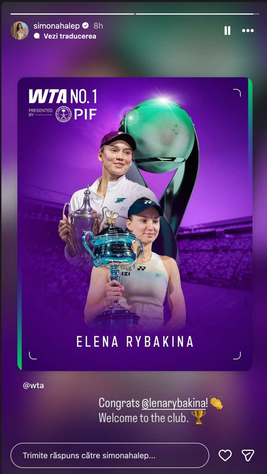 Mesajul publicat de Simona Halep pe Instagram