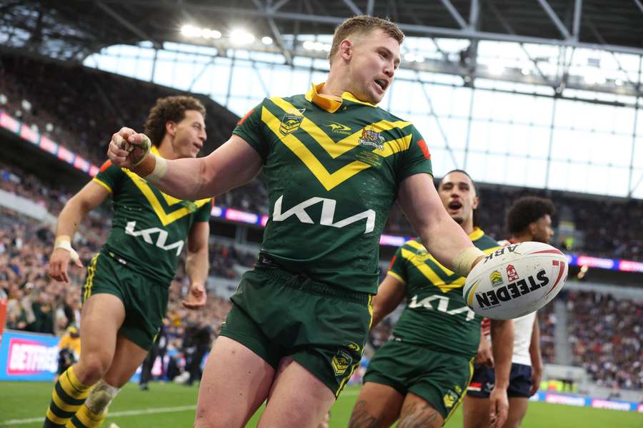 Hudson Young celebrates scoring a try during the Rugby League Ashes match between England and Australia at Hill Dickinson Stadium 