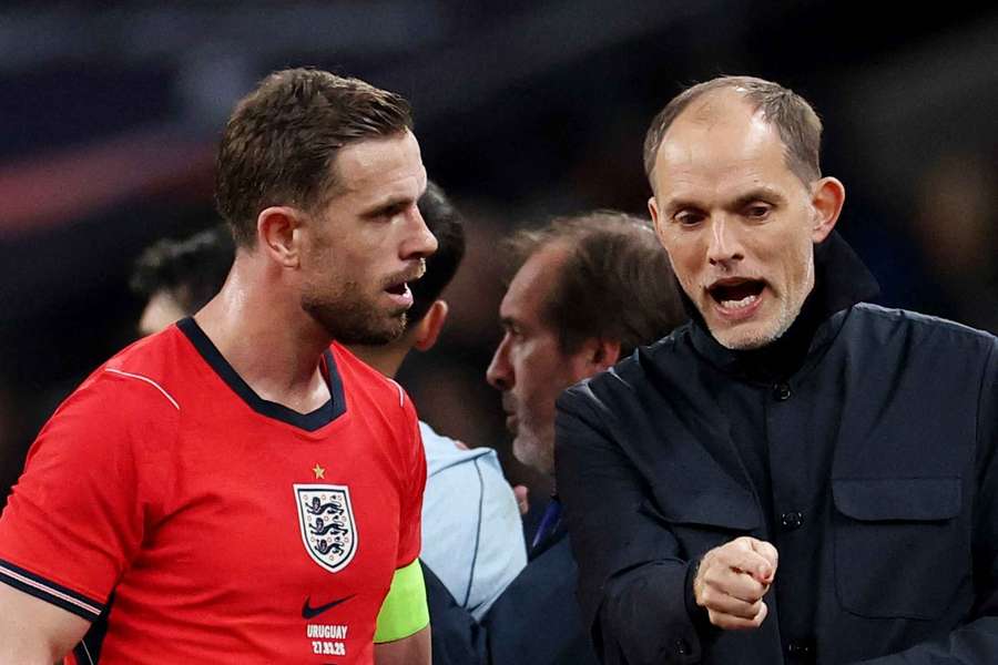 Jordan Henderson com o selecionador de Inglaterra, Thomas Tuchel Jordan Henderson com o selecionador de Inglaterra, Thomas Tuchel
