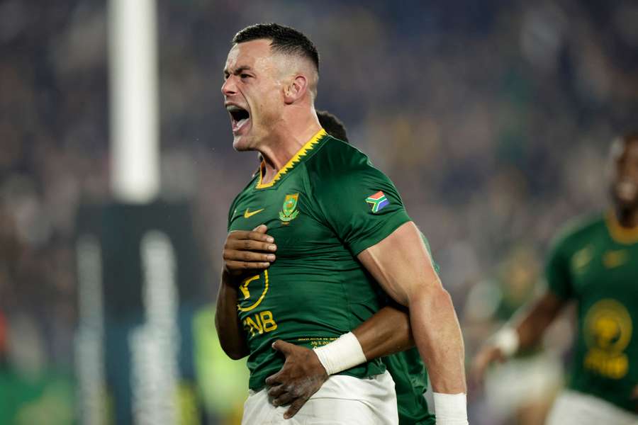 South Africa's Jesse Kriel celebrates a try against Scotland. South Africa's Jesse Kriel celebrates a try against Scotland.