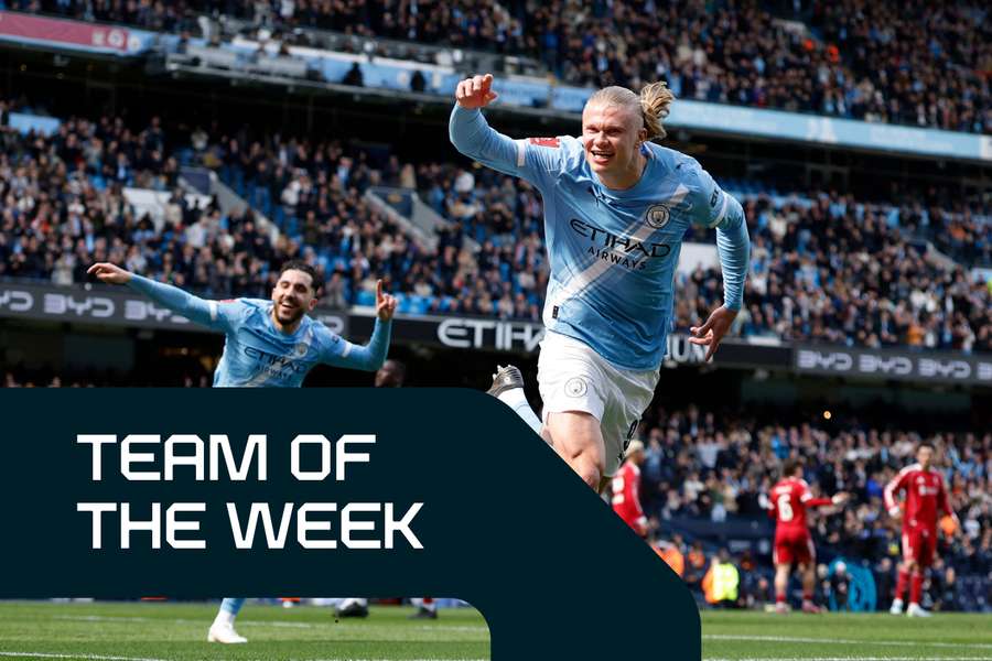 Haaland celebrates his first goal against Liverpool