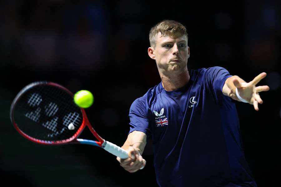 Billy Harris of Great Britain plays a forehand during the 2024 Davis Cup Finals Group Stage