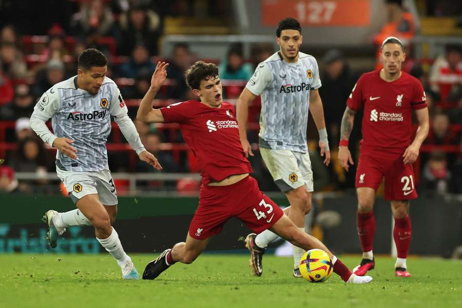 Liverpool midfielder Stefan Bajcetic in action against Wolves