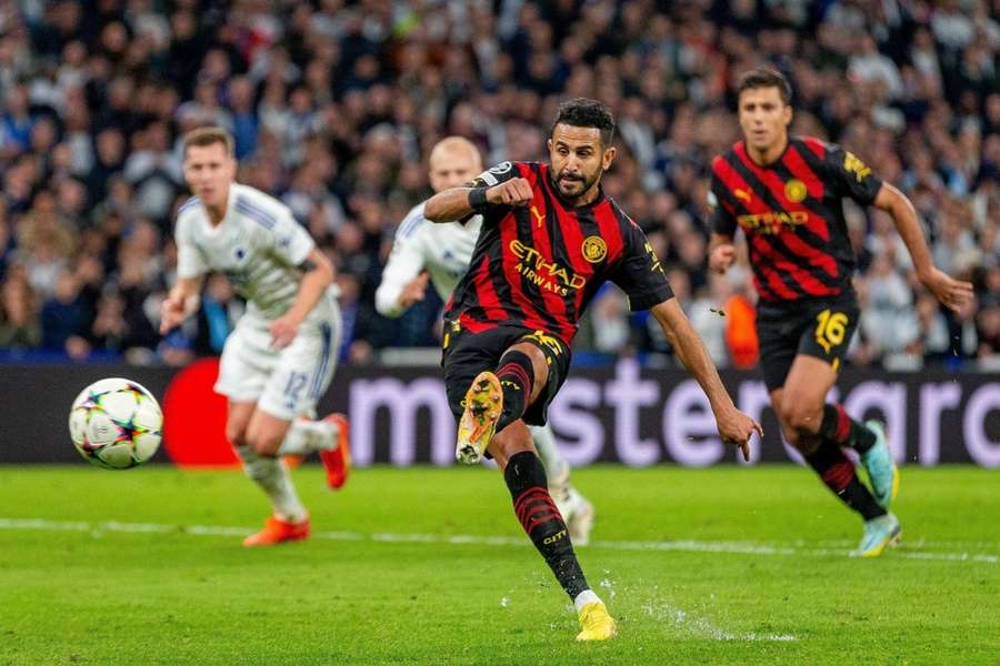 Riyad Mahrez misses a penalty during the Champions League match between Copenhagen and Man City at the Parken Stadium.