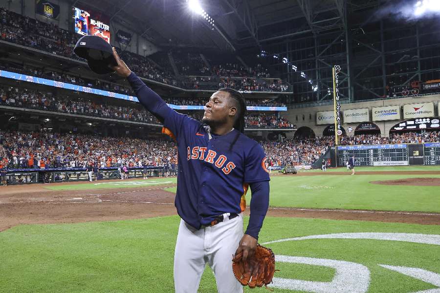 Framber Valdez waves to the crowd after pitching a no-hitter against the Cleveland Guardians at Minute Maid Park