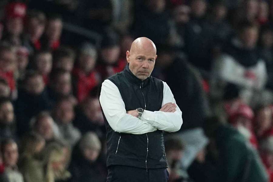 Brian Riemer looks worried during Denmark's World Cup qualifying clash in Prague
