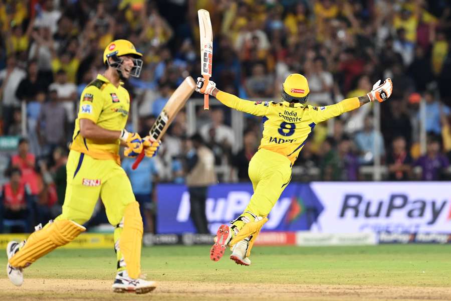 Chennai Super Kings' Ravindra Jadeja (R) and Shivam Dube celebrate their win 