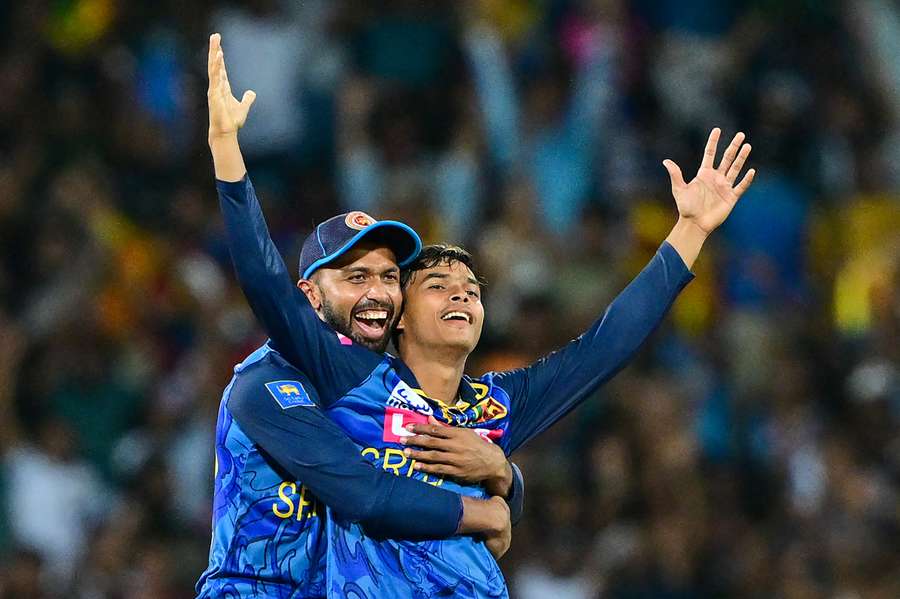 Sri Lanka's Dunith Wellalage and Sadeera Samarawickrama (left) celebrate their team's win