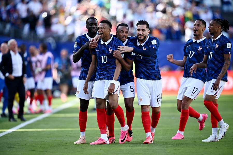 France celebrate Kylian Mbappe's goal France celebrate Kylian Mbappe's goal