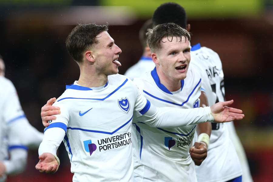 Adrian Segecic celebrates a goal scored for Portsmouth in January.