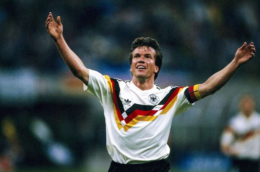 West Germany's Lothar Matthäus celebrates scoring a goal against Yugoslavia at the 1990 FIFA World Cup