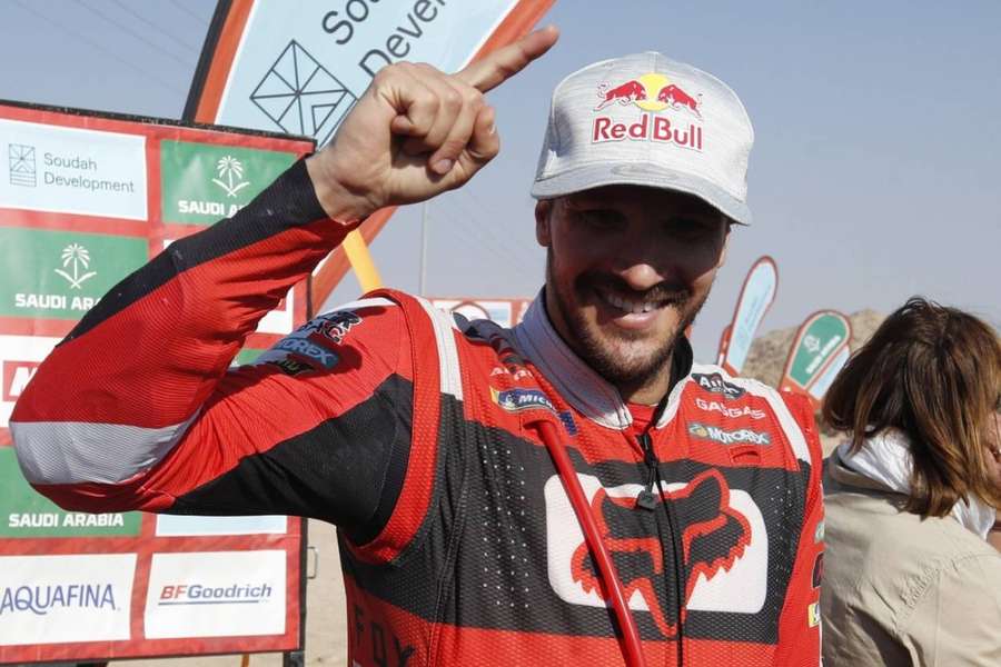 Sam Sunderland celebrates after stage 12 of last year's Dakar