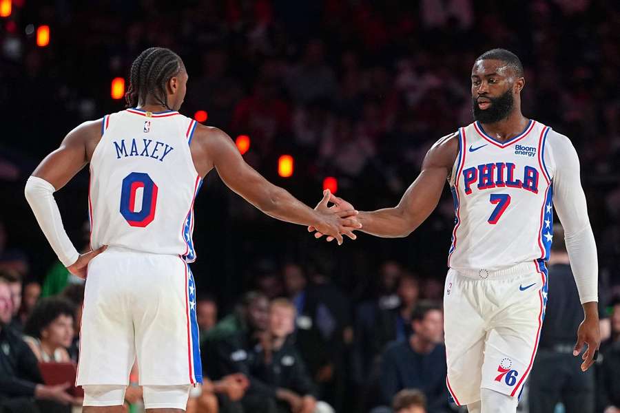 76ers' Tyrese Maxey and Jaylen Brown celebrate during win over Milwaukee Bucks 76ers' Tyrese Maxey and Jaylen Brown celebrate during win over Milwaukee Bucks