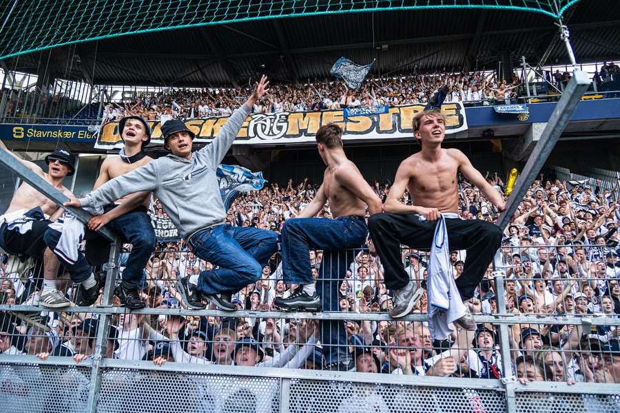 AGF fans celebrating the Danish Championship title after winning 2-0 against Brondby in Copenhagen