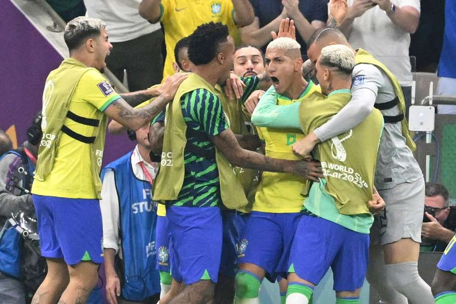 Brazil celebrate Richarlison's goal