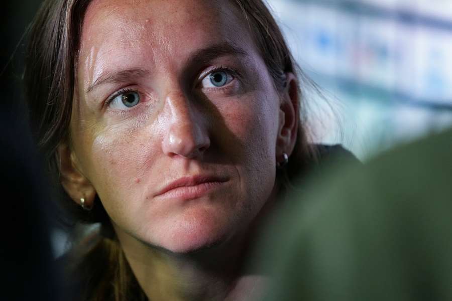 United States midfielder Andi Sullivan answers questions from journalists during press conference