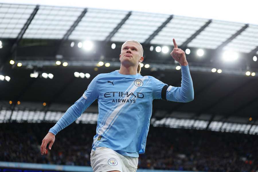 Haaland celebrates his goal in the Manchester derby