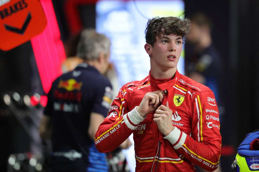 Ferrari's British reserve driver Oliver Bearman stands in the garage after the qualifying session of the Saudi Arabian GP