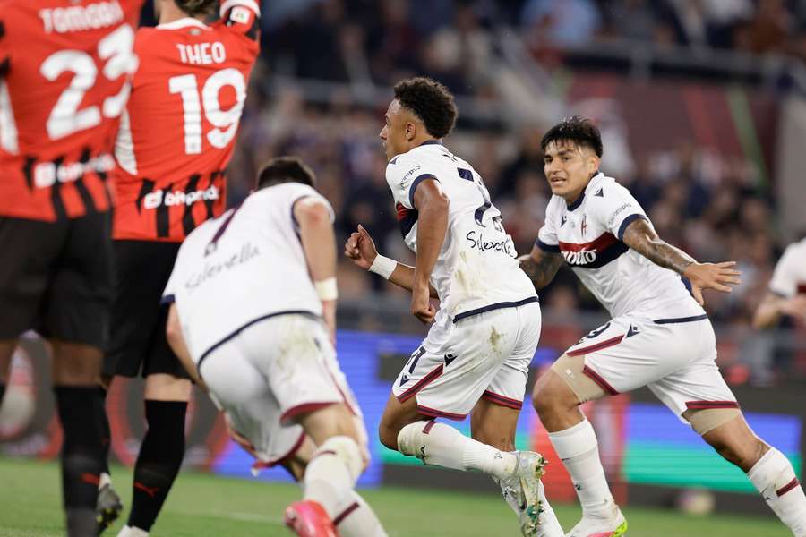 Bologna's Swiss forward Dan Ndoye celebrates after scoring the winner against AC Milan Bologna's Swiss forward Dan Ndoye celebrates after scoring the winner against AC Milan