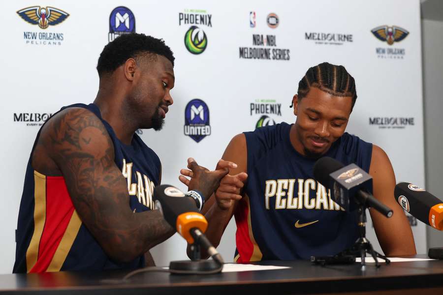 Zion Williamson and Trey Murphy III speak to reporters at Rod Laver Arena last Friday night.