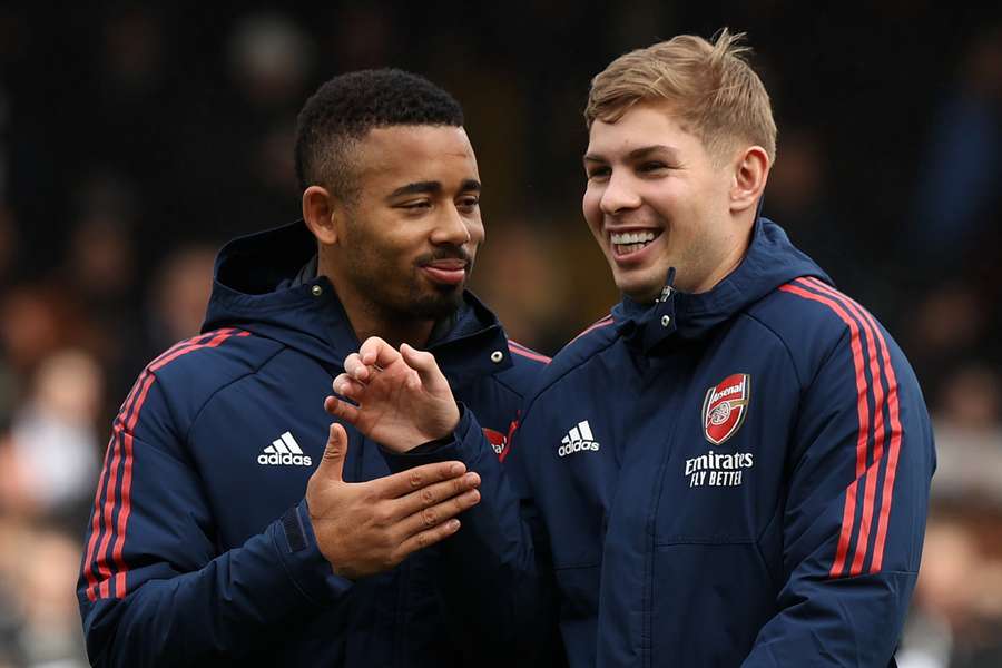 Arsenal's Brazilian striker Gabriel Jesus and English midfielder Emile Smith Rowe