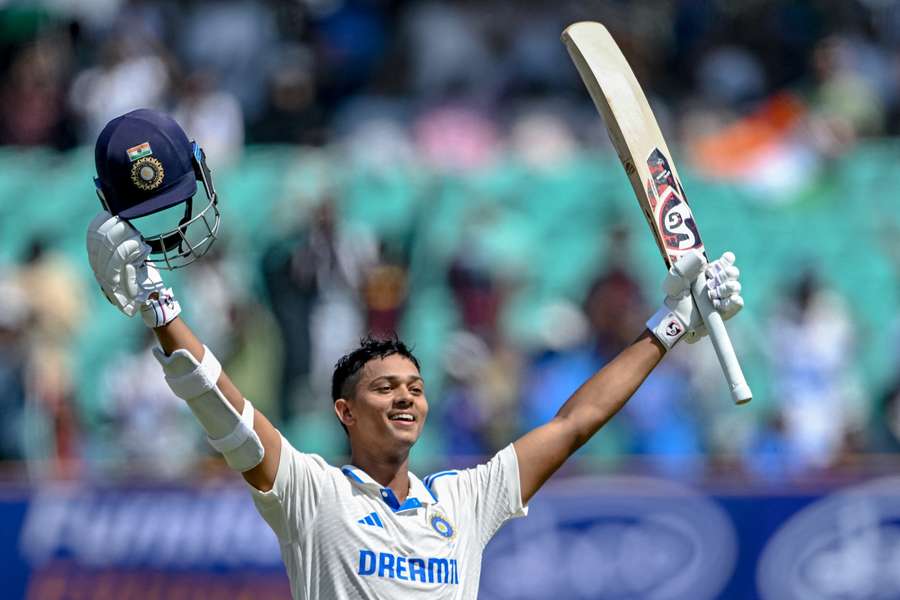 India's Yashasvi Jaiswal celebrates after scoring a double century