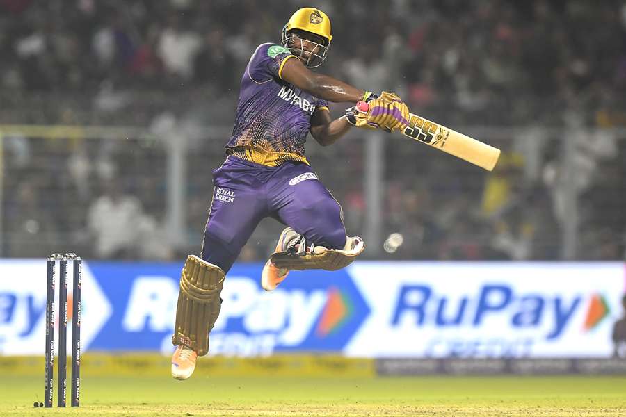 Kolkata Knight Riders' Andre Russell plays a shot