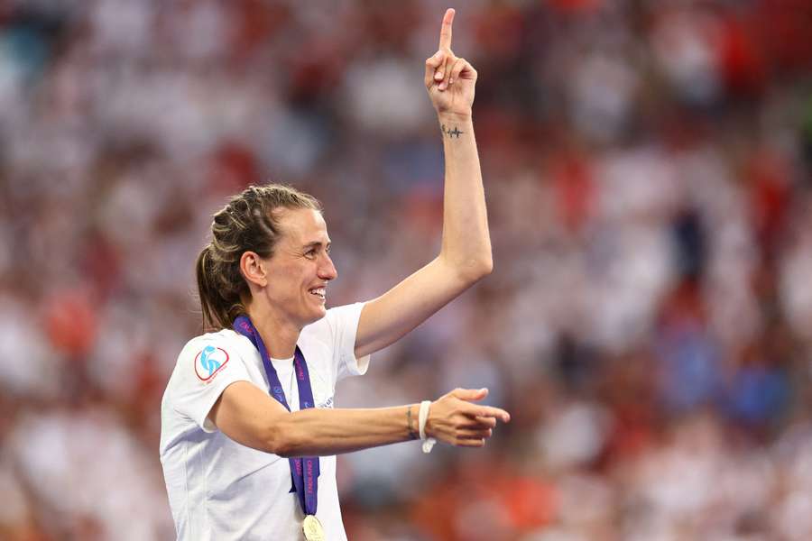 Jill Scott celebrates England's Euro 2022 triumph at Wembley in July