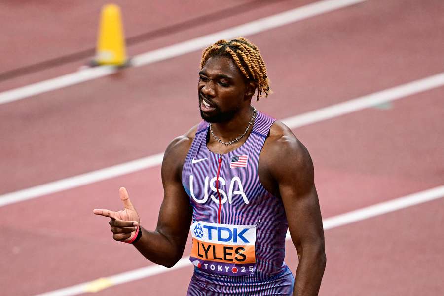 Noah Lyles reacts after winning in the men's 100m semi-final
