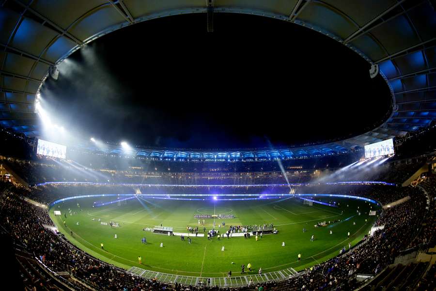 A wide shot of Optus Stadium during a club friendly between Perth Glory and Chelsea FC.