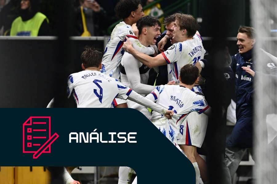 Jorgen Strand Larsen, da Noruega, festeja o golo marcado contra a Itália Jorgen Strand Larsen, da Noruega, festeja o golo marcado contra a Itália