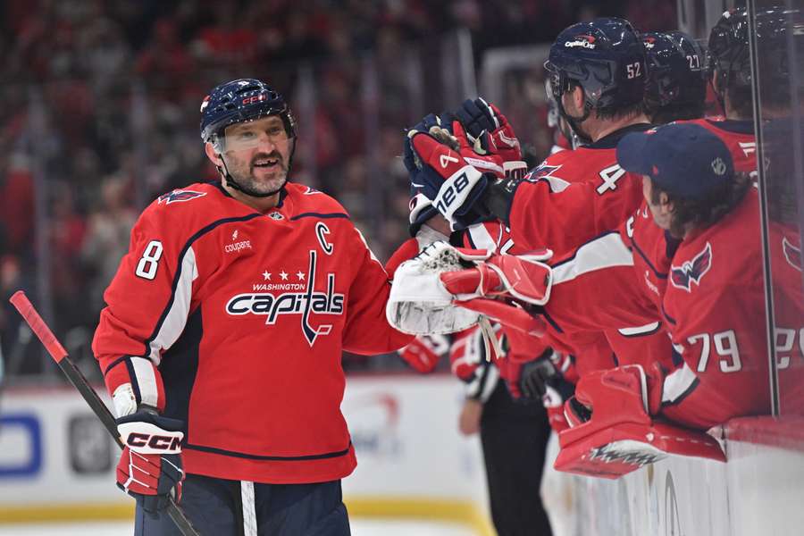 Alex Ovechkin celebrates his first goal of the 2026/27 season. Alex Ovechkin celebrates his first goal of the 2026/27 season.