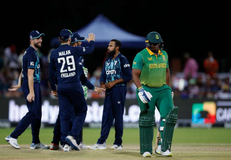 South Africa's Sisanda Magala walks back to the pavilion after his dismissal