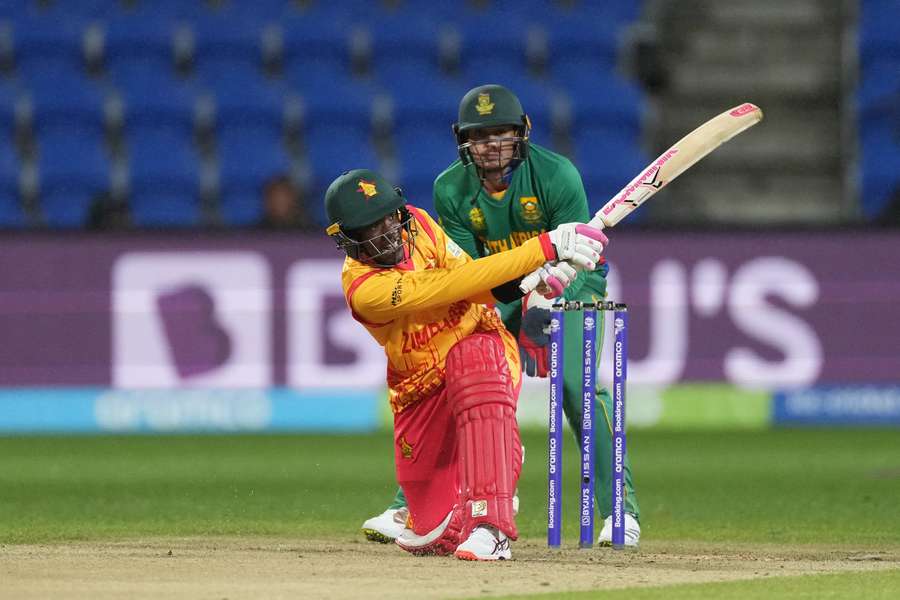 Zimbabwe's Wessly Madhevere plays a shot against South Africa at the 2022 T20 World Cup in Hobart.