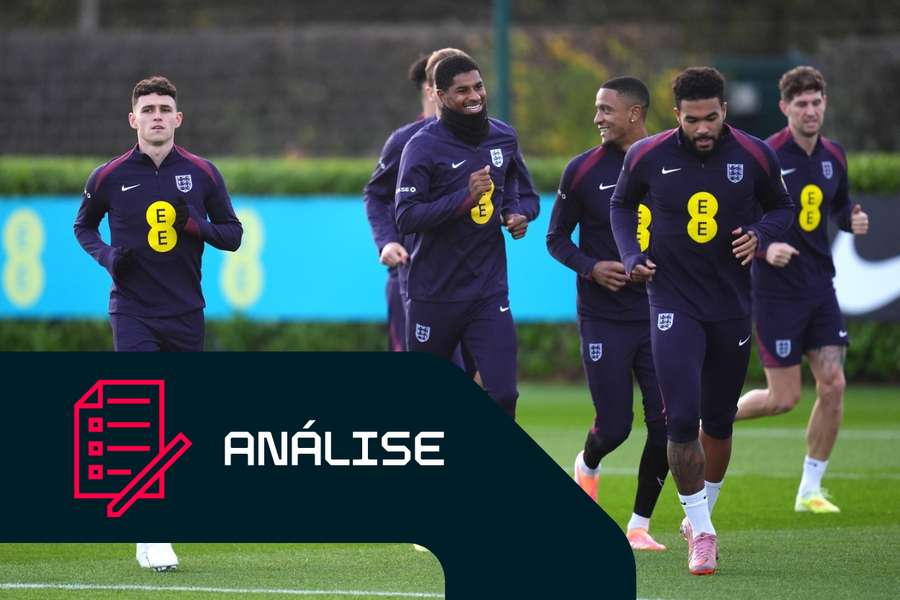 Phil Foden, Marcus Rashford e Reece James, de Inglaterra, durante um treino